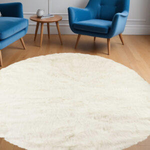 6' X 6' Off White Faux Fur Shag Washable Round Rug
