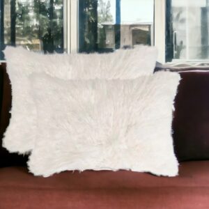 Set of Two 12" X 20" Off White Faux Fur Throw Pillow