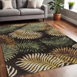 5' X 8' Espresso Green And Yellow Wool Botanical Leaves Hand Tufted Area Rug