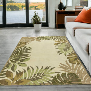 5' X 8' Ivory Hand Tufted Bordered Tropical Leaves Indoor Area Rug