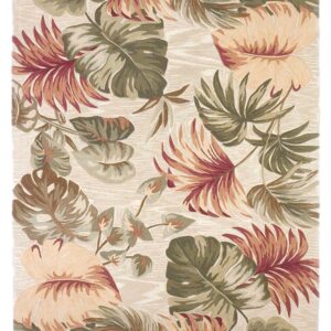 5' X 8' Beige Green And Pink Wool Botanical Leaves Hand Tufted Area Rug