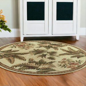 8' Ivory Hand Tufted Bordered Tropical Plants Round Indoor Area Rug