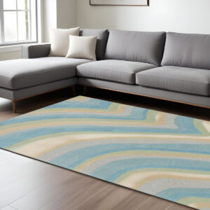 8' X 10' Ocean Blue and Tan Wool Hand Tufted Area Rug