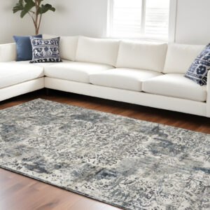 9' X 13' Ivory Machine Woven Distressed Diamond Floral Medallion Indoor Area Rug