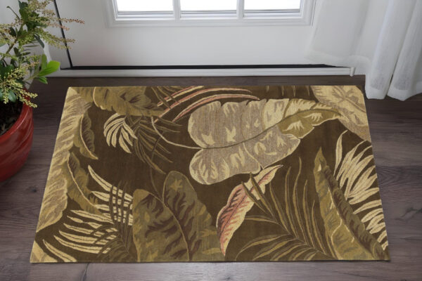 3' X 5' Mocha Leaves Wool Area Rug