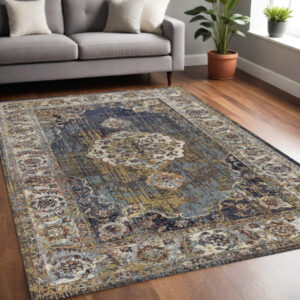 5' X 8' Navy Gold and Ivory Floral Medallion Area Rug