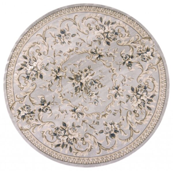 8' Light Gray And Green Floral Round Rug