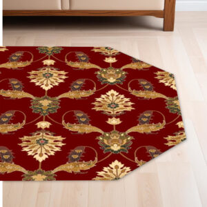 7' Red Cream And Orange Floral Octagon Rug