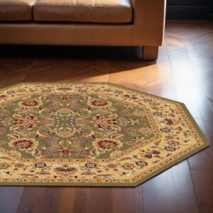 7' Green And Taupe Floral Octagon Rug