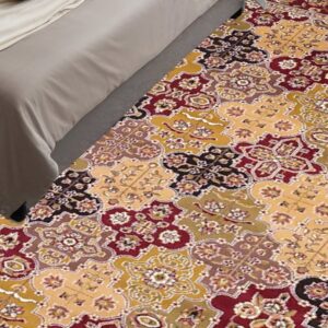 7' Red Beige And Tan Quatrefoil Octagon Rug