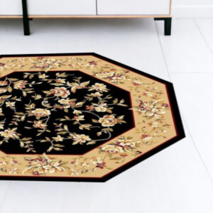 8' Beige And Black Floral Vines Octagon Rug