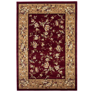 8' Red And Beige Floral Vines Octagon Rug