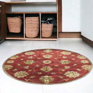 5' Red Wool Floral Hand Tufted Round Rug