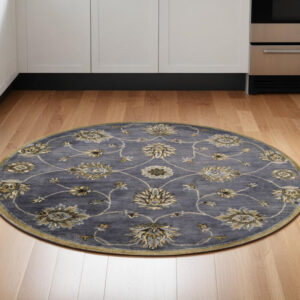 6' Midnight And Yellow New Zealand Lambs Wool Floral Hand Tufted Round Rug