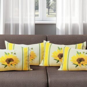 Set of Four 12" X 20" White And Yellow Pumpkin and Sunflowers Floral Fabric Lumbar Throw Pillow Covers