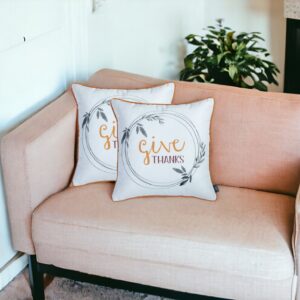 Set of Two Orange and White Give Thanks Throw Pillow Cover