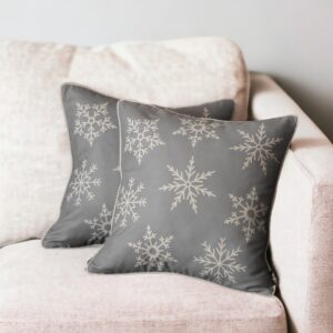 Set of Two 18" Gray Christmas Snowflakes Fabrc Throw Pillow Covers