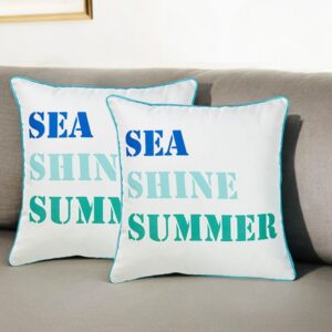 Set of Two White and Blue Sea Shine Summer Throw Pillow Covers
