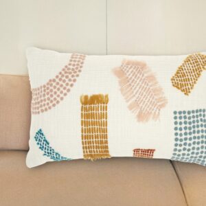 12" X 20" Beige Blue and Ivory Geometric Cotton Throw Pillow With Textured Appliques