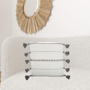 Bohemian White Cotton Accent Pillow With Grey Tassel Details