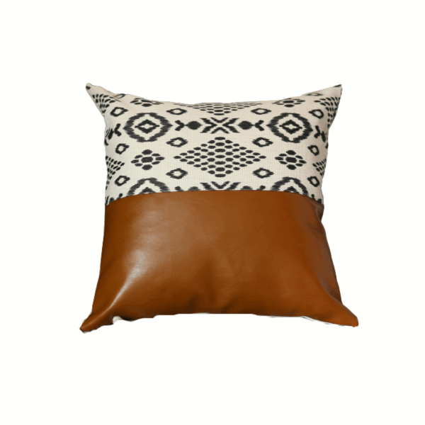 Set Of 2 Semi Brown Faux Leather And Eclectic Geometric Patterns Pillow Covers