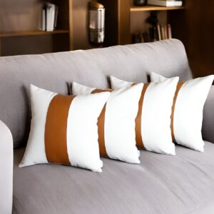Set of Four 17" Brown And White Faux Leather Throw Pillow Covers