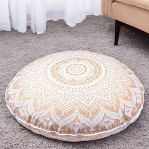 32" X 32" Gold And White Round Geometric Cotton Floor Throw Pillow Cover
