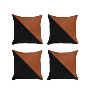 Set of Four 18" Brown And Black Faux Leather And Fabric Throw Pillow Covers