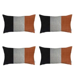 Set of Four 20" Gray Black And Brown Lumbar Faux Leather And Fabric Throw Pillow Covers
