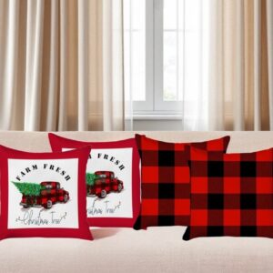 Set of Four Red Black and White Farm Fresh Christmas Tree Holiday Red Truck Plaid Fabric Throw Pillows
