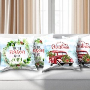 Set of Four Green Red and White Merry Christmas Tis the Season Christmas Wreath Fabric Throw Pillows
