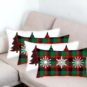 Set of Four Green Red And Black Christmas Christmas Trees Fabric Lumbar Throw Pillow Covers