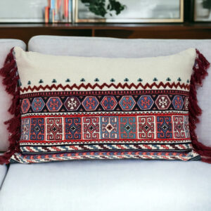 14" X 20" Blue Burgundy And Cream Abstract Cotton Blend Throw Pillow with Tassels
