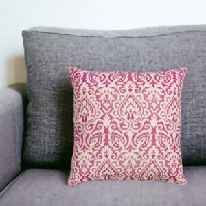 22" Pink and White Damask Cotton Throw Pillow