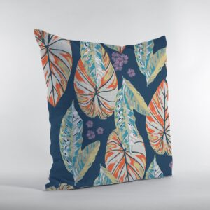 18” Orange Blue Tropical Leaf Zippered Suede Throw Pillow