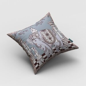 16” Blue Brown Ornate Elephant Zippered Suede Throw Pillow