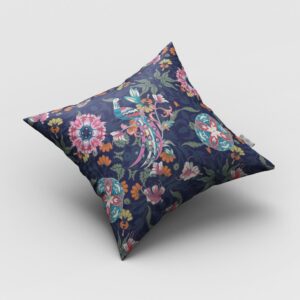 16" Navy Pink Peacock Zippered Suede Throw Pillow