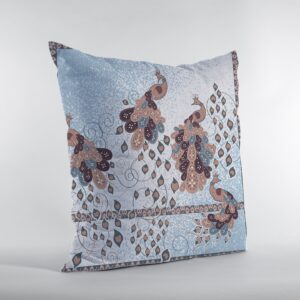 18” Blue Brown Boho Bird Zippered Suede Throw Pillow