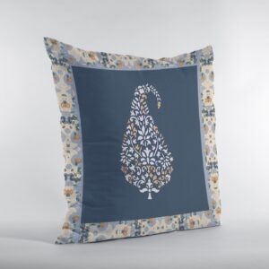 18” Orange Navy Paisley Suede Zippered Throw Pillow
