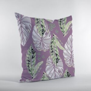 16” White Purple Tropical Leaf Zippered Suede Throw Pillow