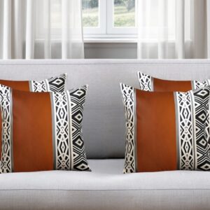 Set of Four 18" Brown Black and White Geometric Fabric and Faux Leather Throw Pillows