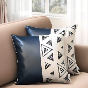 Set of Two 17" Black and White Geometric Fabric and Faux Leather Throw Pillow Covers