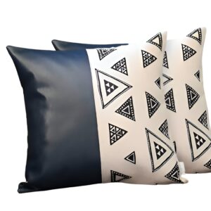 Set of Two 18" Black and White Geometric Fabric and Faux Leather Throw Pillows