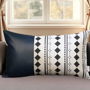 12" X 20" Black and White Diamond Fabric and Faux Leather Lumbar Throw Pillow Cover