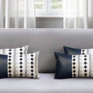 Set of Four 12" X 20" White Diamond Fabric and Faux Leather Lumbar Throw Pillow Covers