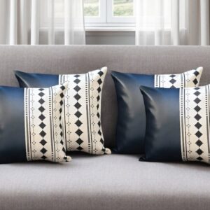Set of Four 17" White Diamond Fabric and Faux Leather Throw Pillow Covers