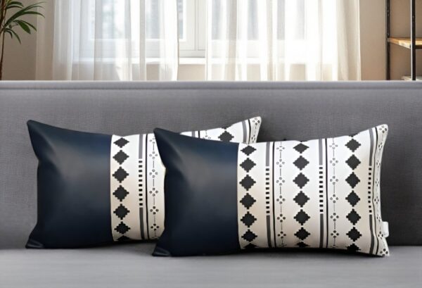 Set of Two 12" X 20" Navy Blue Diamond Fabric and Faux Leather Lumbar Throw Pillows