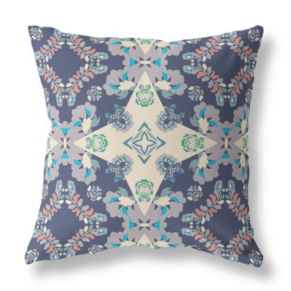 18" X 18" Blue And Off White Floral Blown Seam Suede Throw Pillow