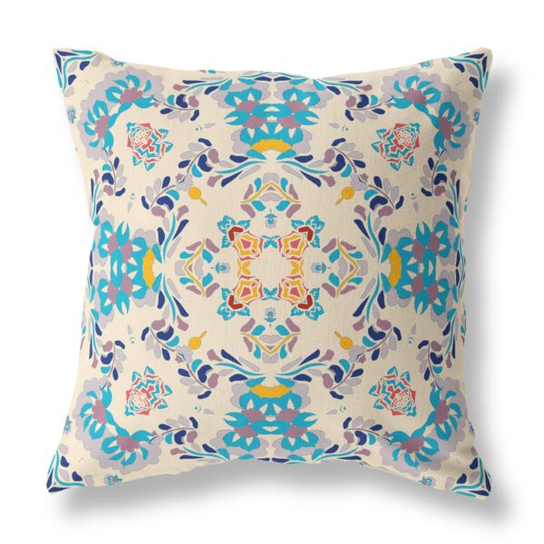 16" X 16" Off White And Blue Abstract Blown Seam Suede Throw Pillow
