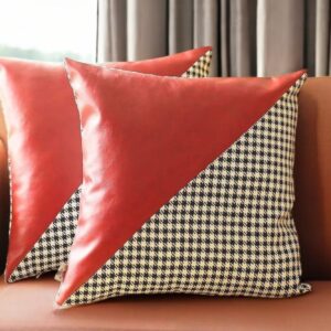 Set of Two 18" Red Black and White Houndstooth Fabric and Faux Leather Throw Pillows